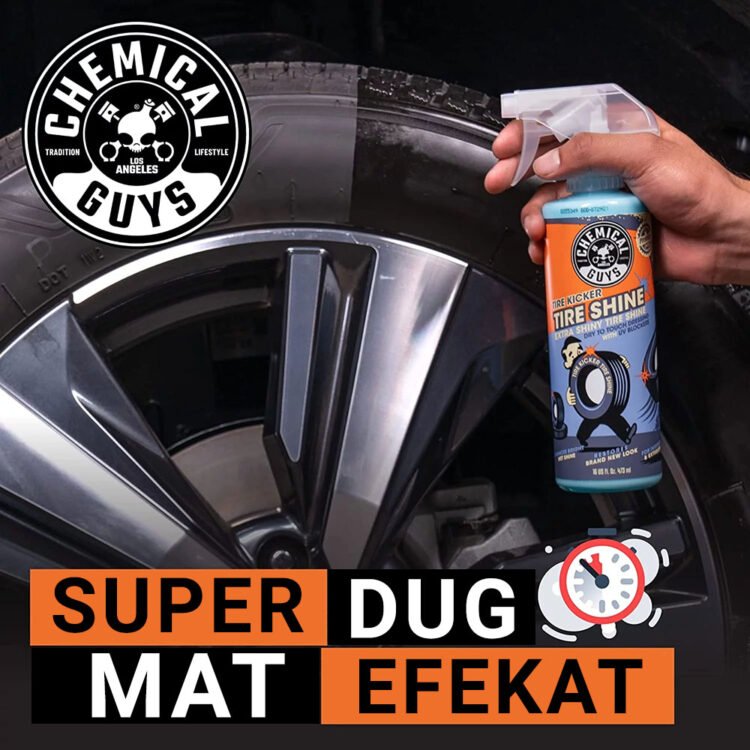 Prikaz efekta super dugog mat efekta na automobilskim gumama nakon nanošenja Tire Kicker sredstva.